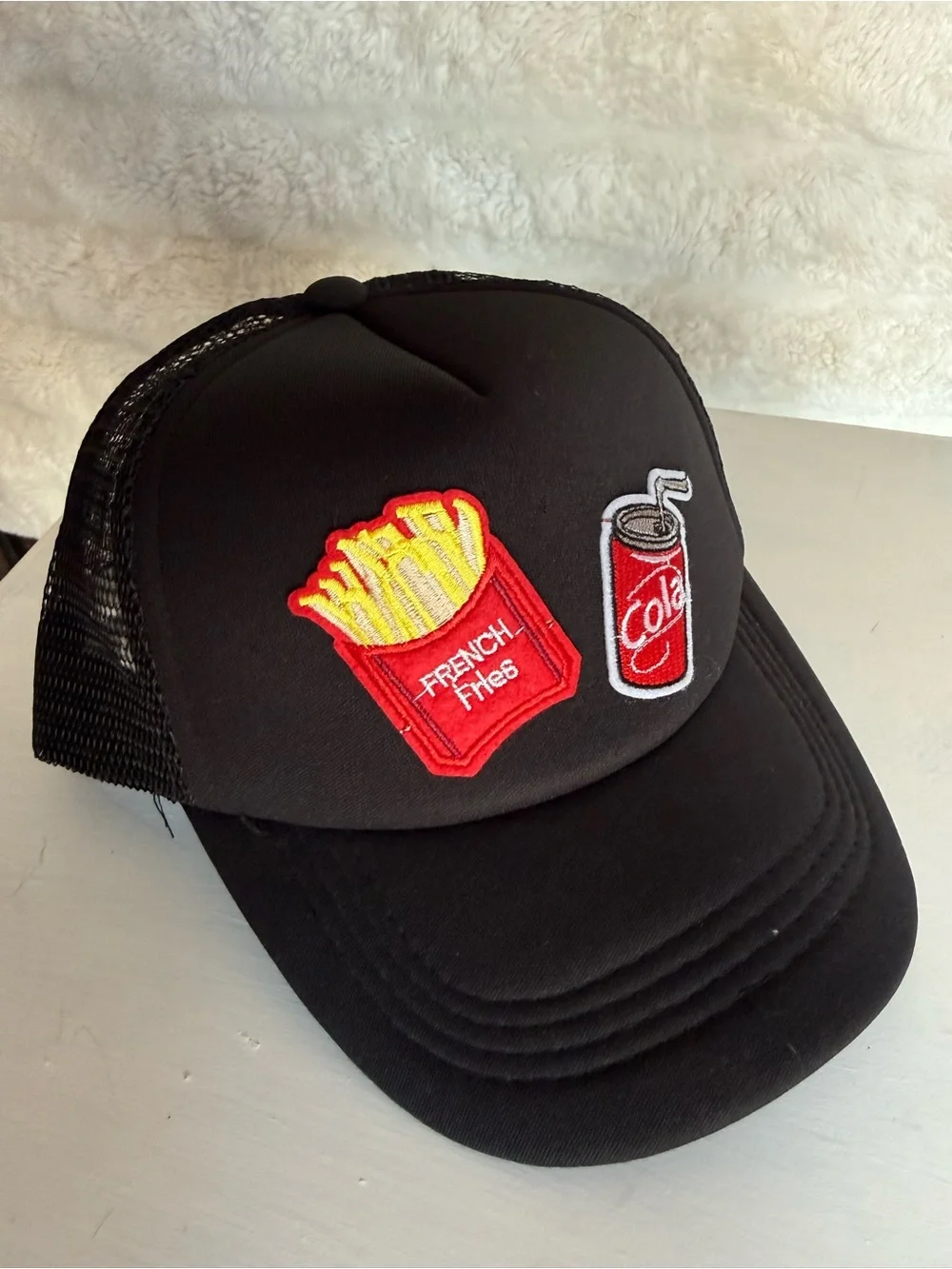 Black Trucker Hat with Fries & Cola Patch